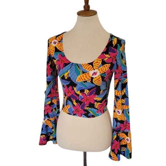 Judy Knapp 80's Mod Floral Crop Flutter  Sleeve Babydoll Top - Picture 3 of 7
